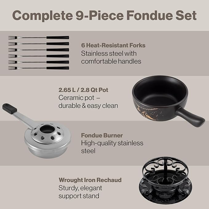 Swissmar Gruyere Cheese Fondue Set - 2.8 QT / 2.65 L - Ceramic Fondue Pot with Rechaud, Fondue Burner, 6 Forks - Ideal for Melting Cheese, Chocolate & Caramel - Black