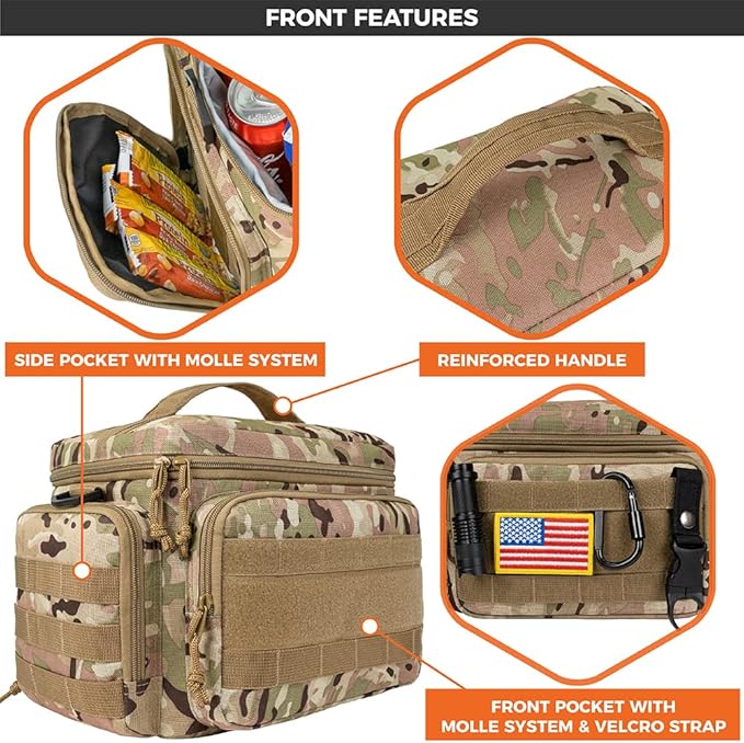 opux Tactical Lunch Box for Men, Camo Mens Insulated Lunch Bag for Adult, Leakproof Soft Lunch Cooler with MOLLE Mesh Side Pockets, Multicam Heavy Duty Lunchbox Pail for Work Women, Large, 18 Cans