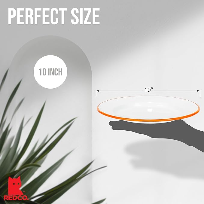 Red Co. Set of 4 Enamelware Metal Classic 10" Round Dinner Plate, Solid White/Orange Rim