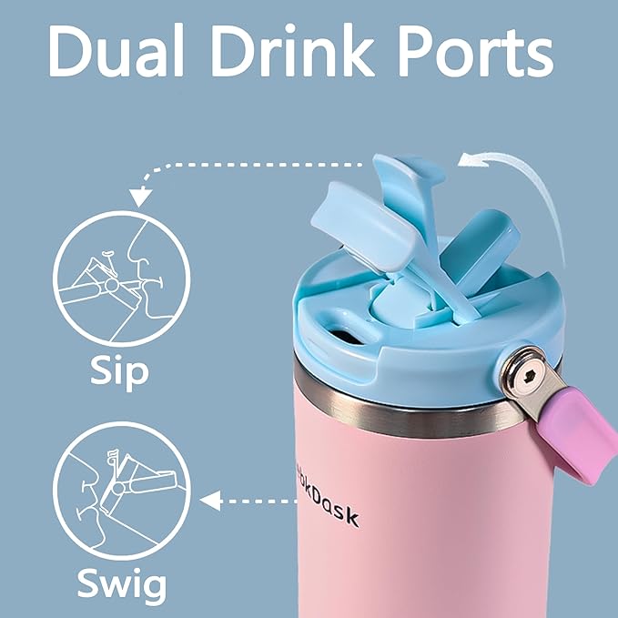 Insulated Stainless Steel Bottle 40oz with 2-in-1 Straw and Spout Lid Water Bottle Keep Cold 24H, Leak-Proof, Fits in Car Cup Holder, Travel, and School（off-White）