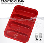 Silicone Hotdog Bun Pan, 6 Inch Standard Hot dog Bun Mold, 4 Cup Non-stick Homemade Hotdog Bun Baking Pans, Mini Baguette Pans, Dishwasher Safe, 2 Pcs (Red)