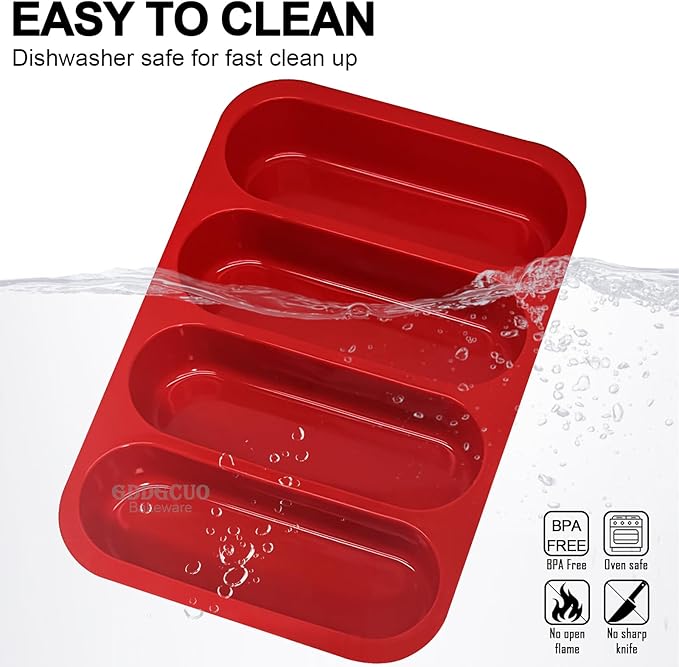 Silicone Hotdog Bun Pan, 6 Inch Standard Hot dog Bun Mold, 4 Cup Non-stick Homemade Hotdog Bun Baking Pans, Mini Baguette Pans, Dishwasher Safe, 2 Pcs (Red)