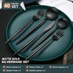 40 Pieces Matte Black Silverware Set, Stainless Steel Black Flatware Set for 8, Satin Finish Spoons and Forks Silverware Set, Black Cutlery Utensils Set, Dishwasher Safe