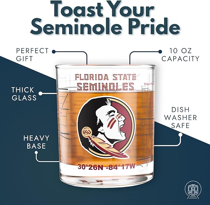 Greenline Goods – Florida State University Seminoles College Whiskey Glasses (Set of 2), 10 oz – Full-Color Logo + Campus Map