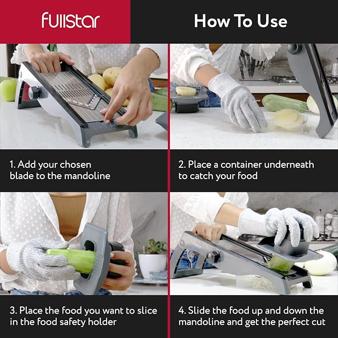 Fullstar Mandoline Slicer for Kitchen – Stainless Steel Vegetable Cutter & Cheese Grater with Adjustable Blades, Safety Glove & Catch Tray Included (7-in-1, Silver)