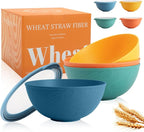 Wheat Straw Bowls Set with Lids, Unbreakable 40 OZ Cereal Bowls Set of 4, Salad Container for Lunch, Microwave & Dishwasher Safe Bowl Set for Kitchen, Picnic, RV, Camping, Multi