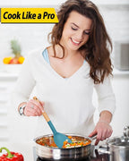 Pack of 4 Silicone Cooking Utensils Set, Non Stick Solid Spatulas and Heat Resistant Slotted Spoons with Wooden Handle, Ideal Wood Kitchen Utensils Set for Frying,Serving,Turning,Stirring (BLUE)