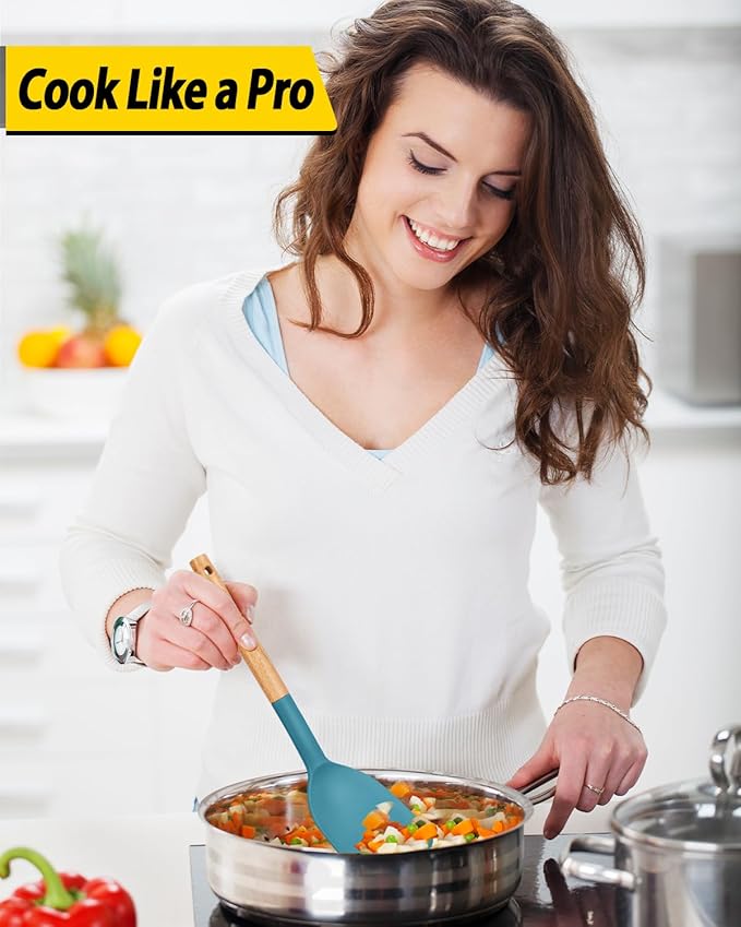 Pack of 4 Silicone Cooking Utensils Set, Non Stick Solid Spatulas and Heat Resistant Slotted Spoons with Wooden Handle, Ideal Wood Kitchen Utensils Set for Frying,Serving,Turning,Stirring (BLUE)