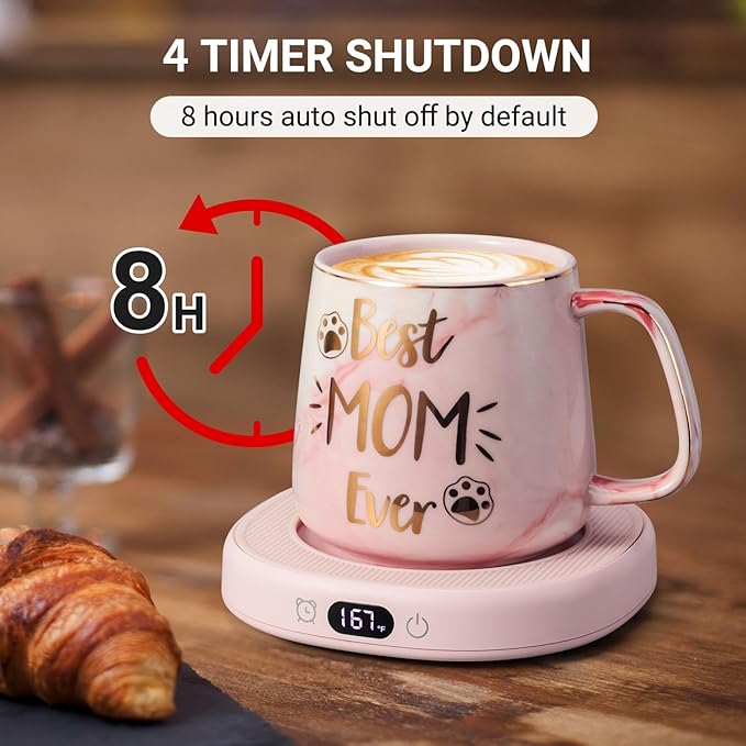 Coffee Mug Warmer & Best MOM Ever Mug Set, Electric Cup Warmer for Desk, Beverage Warmer with 4 Temperature Setting, 8H Auto Shut Off, Mom Gifts from Daughter Son