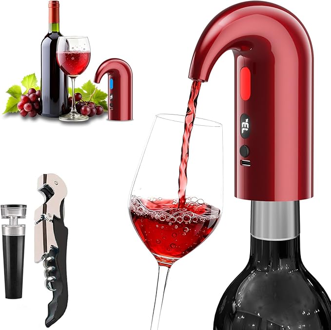 Electric Wine Aerator & Dispenser – 1-Touch Instant Aeration, Precision Pouring & Temp Display – USB Rechargeable Gift Edition for Parties, Holidays & Wine Lovers (Red)