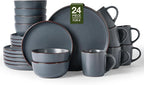 Famiware Mercury Dinnerware Sets with Mugs, Service for 6 (24 Pieces), Stoneware Plates and Bowls Sets, Microwave and Dishwasher Safe Dishes Set, Charcoal