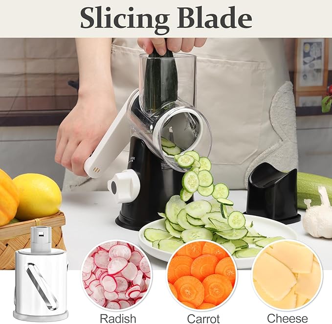 Cambom 5 in 1 Rotary Cheese Grater Hand Crank Cheese Shredder for Fresh Cheese, Vegetable, Nuts,Non-slip Suction Base, Black