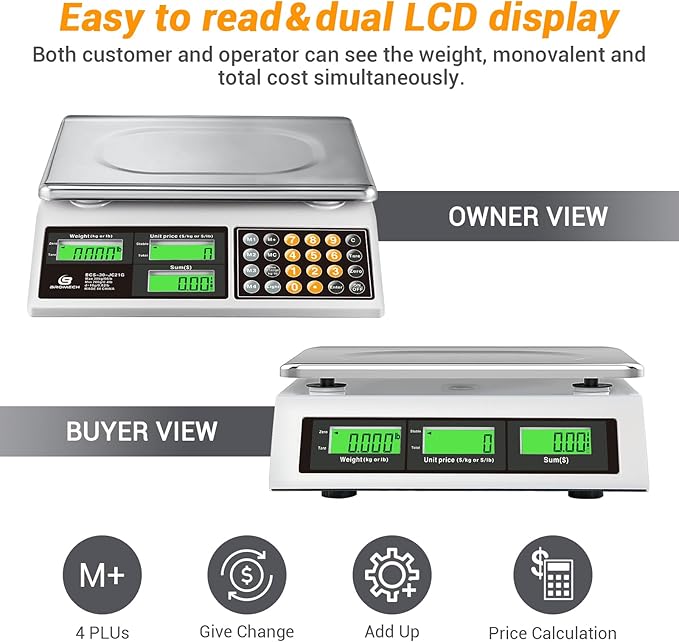Price Computing Scale, 66lb Digital Commercial Food Meat Produce Weighing Scale with Green Backlight LCD for Farmers Market, Retail Outlets, Dry Battery Powered, Not for Trade