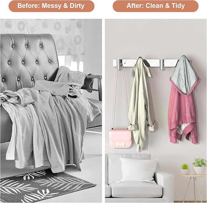 VAEHOLD Silver Hat and Coat Wall Mount Rack - Coat Rack with 4 Hooks for Robes, Bags, Keys, and Towels - Bathroom Towel Hanger Organizer (2 Pack)