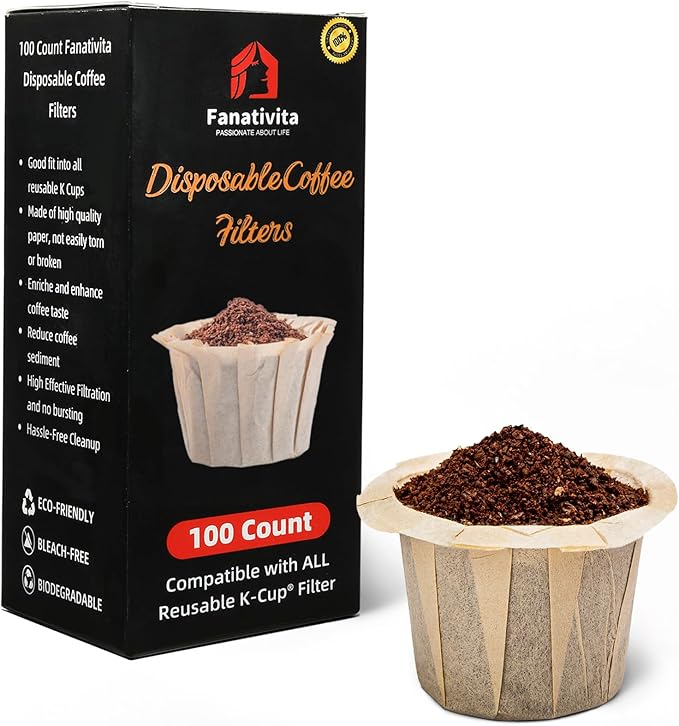 100 Count Fanativita K Cup Coffee Filters Disposable for Keurig Single Cup, Compatible with All Reusable K Cups (Unbleached)