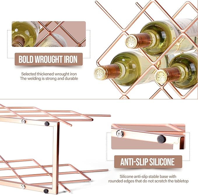 Countertop Wine Rack - 10 Bottle Freestanding Modern Rose Gold Metal Small Wine Rack - Tabletop Wine Holder Stand for Cabinet, Pantry, Wine Bottle Storage…