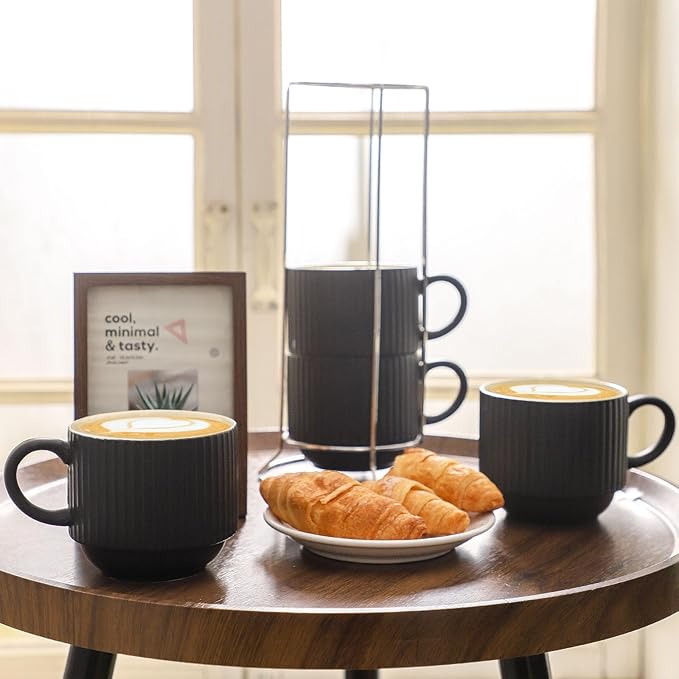 glowworm Coffee Mugs Set of 4, 15 Oz Ceramic Coffee Cups, Stackable Coffee Mugs for Lattee, Cappuccino, Wedding, Birthday Gift, Microwave & Dishwasher Safe, Black