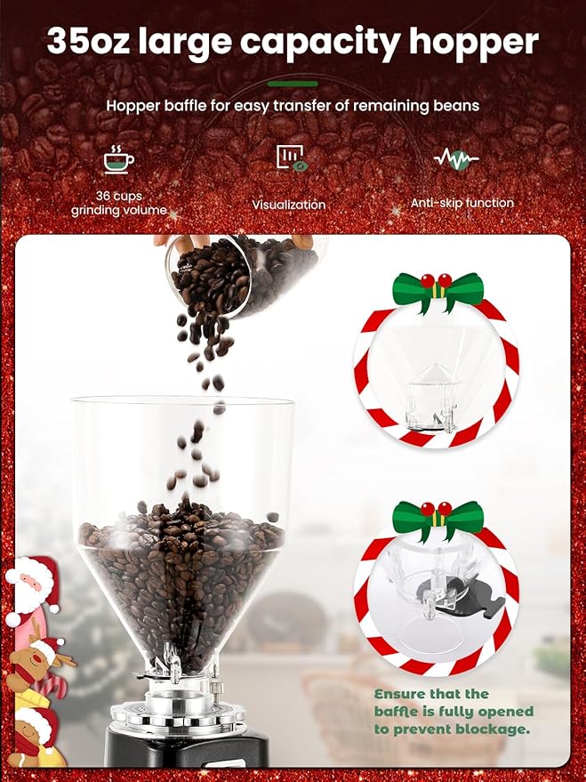 Huanyu Burr Coffee Grinder- Stainless Steel Flat Burr, 19 Precise Grind Settings, 35oz Capacity and Dual Dosing for Espresso, Hand Punch, French Press Black