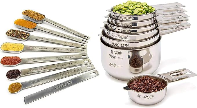 Measuring Cups and Spoons Set of 15, Stackable Cups, Long Handle with Leveler Fits Narrow Jars, 304 Premium Stainless Steel, Kitchen Gadgets for Liquid & Dry Ingredients Cooking Baking