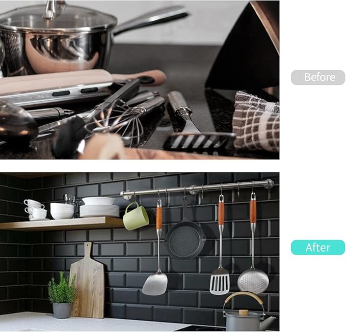 ROTHLEY Stainless Steel Hanging Pot Rack Hanger: 23.7 Inch Pot and Pan Hanger Wall Mounted Hanging Pot Bar Rack Heavy Duty Pot Hangers Kitchen Rail with 8 S Hooks (Brushed)