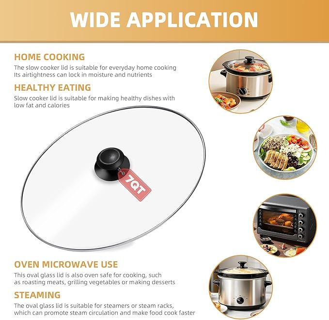 Oval Glass Lid 7 Quart Crock Pot lid Replacement for Hamilton & Rival Beach Slow Cooker Lid 7 QT 33474G, SCV700-SS, SCV700, SCV700-KC