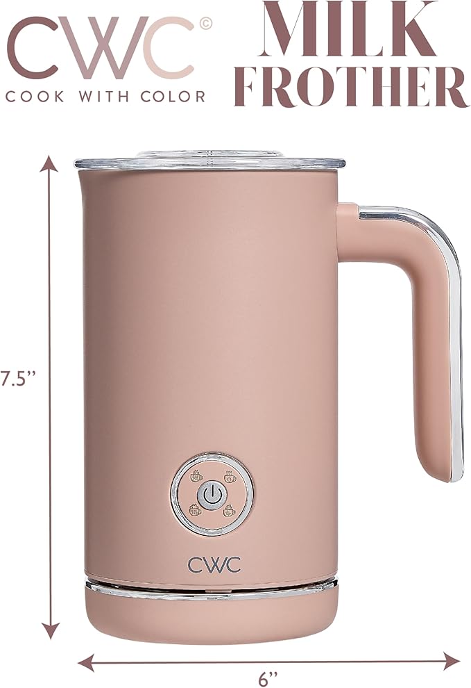 COOK WITH COLOR 4-in-1 Electric Milk Steamer and Frother - 2-Minute Heating and Frothing, Hot and Cold Foam Maker for Coffee, Latte, Cappuccino, Macchiato, Milk Warmer, Auto Shut Off, Blush