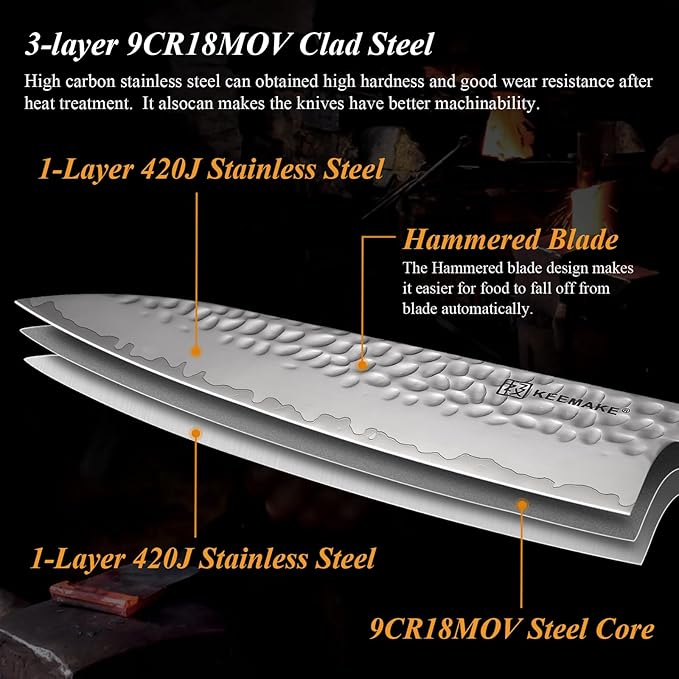 KEEMAKE Kitchen Knife Set 3-pcs - Chef Knife Set with 3-layer Japanese 9CR18MOV Clad Steel Blade, Sharp Knives Set for Kitchen with Octagon Rosewood Handle Kitchen Knives