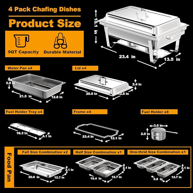 Chafing Dishes for Buffet 4 Pack, 9Qt Chafing Dish Buffet Set with Different Food Pans Combo, Food Warmers for Parties Buffet, Events & Weddings, Silver