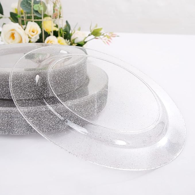 WDF 120PCS Silver Plastic Plates- Disposable Silver Glitter Plates, Premium Heavy Duty 60-10.25" Dinner Plates and 60-7.5" Salad Plates for Parties &Wedding
