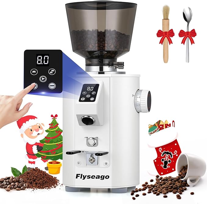 Commercial Coffee Grinder Heavy Duty - 64mm SS Flat Burrs, 8 Precise Settings, Button Control, 35oz Hopper, Business and Home Use, White 400W