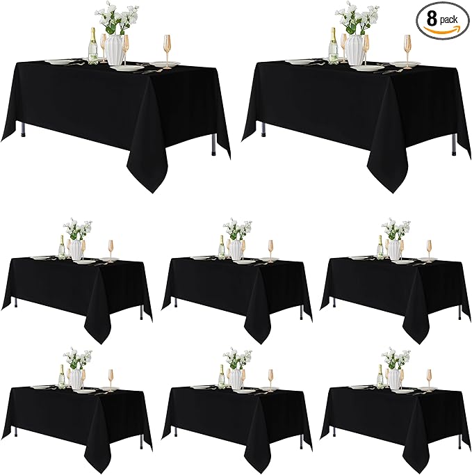 Fitable 8 Pack Rectangle Tablecloths: Stain Resistant Wrinkle Free Circle Table Clothes, Washable Reusable Polyester Table Covers for Wedding Party Birthday Banquet Reception(Black, 60x102 Inch)