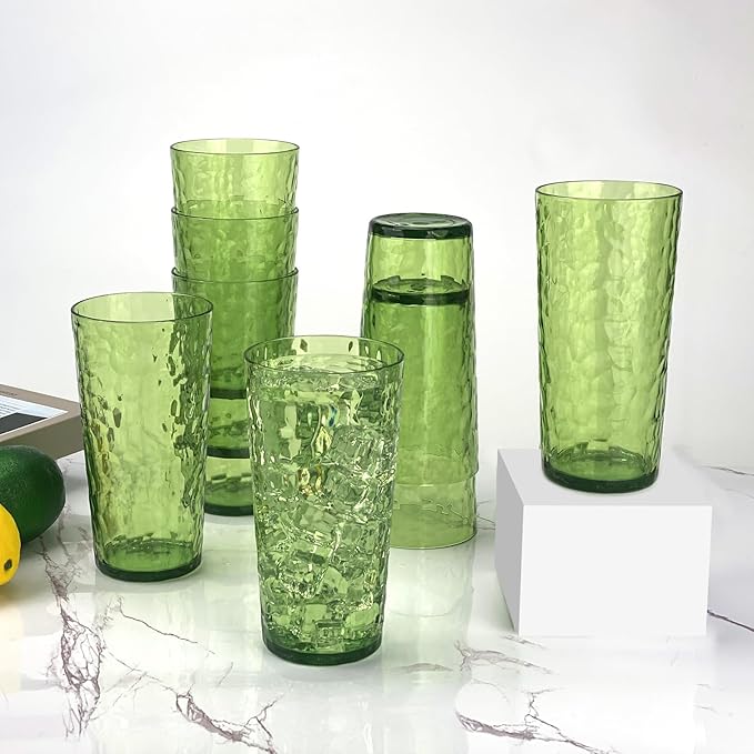 Yalin 24-Ounce Plastic Tumbler Acrylic Drinking Glasses, Reusable Plastic Cups, Stackable, BPA-Free, Shatter Proof, Dishwasher Safe, Set of 8 (Green)