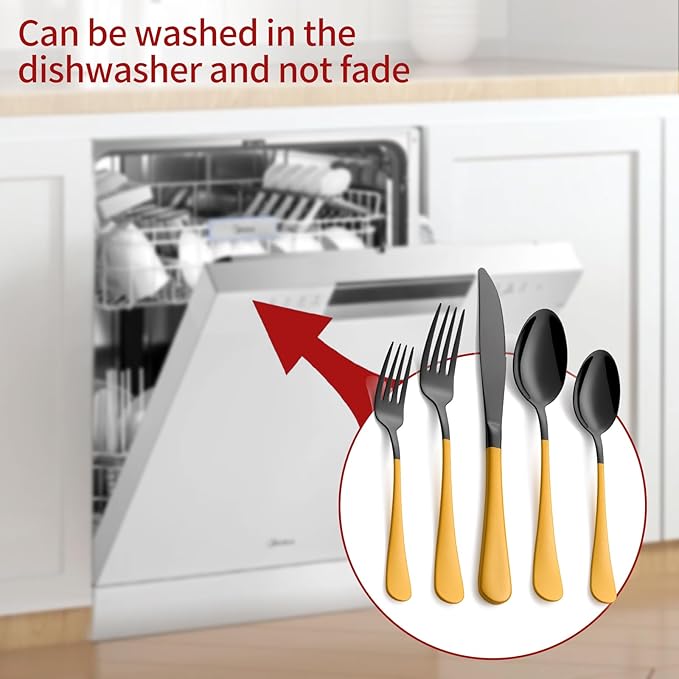 20-Piece Yellow Silverware Set 18/0 Stainless Steel Black Silverware Set Yellow Handle Cutlery Black Set Service for 4 Dinner Knives Forks Spoons Set Flatware Set Finish Dishwasher Safe