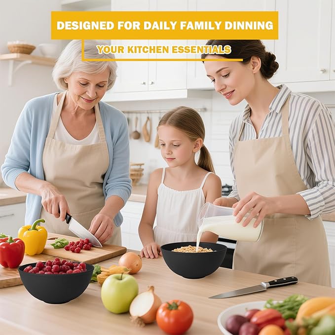 Unbreakable Cereal Bowls 40 OZ, Wheat Straw Bowls Set of 6 with Unique Pattern, Reusable Plastic Bowl for Cereal, Soup, Salad and Ramen, Indoor & Outdoor Essentials, Black