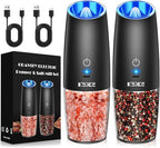 Rechargeable Electric Pepper and Salt Grinder Set, No Battery Needed, whit Gravity Sensing Switch and LED Light, One Hand Automatic Operation, Black, 2 Pack