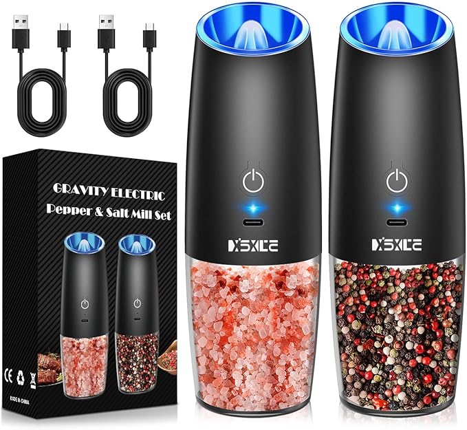 Rechargeable Electric Pepper and Salt Grinder Set, No Battery Needed, whit Gravity Sensing Switch and LED Light, One Hand Automatic Operation, Black, 2 Pack