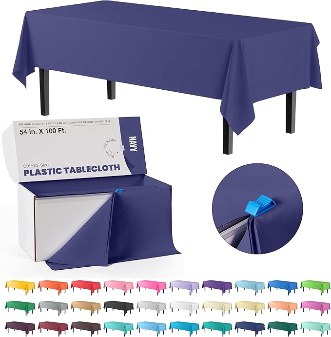 Exquisite Party Solids 54 Inch X 100 Feet Navy Plastic Table Cover Roll in A Cut - to - Size Box with Convenient Slide Cutter. Cuts Up to 12 Rectangle 8 Feet Plastic Disposable Tablecloths