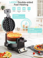FOHERE 2-in-1 Waffle Maker & Omelette Maker, 1400W Double Belgian Waffle Iron 180° Flip, Adjustable Browning Control, Rotating & Nonstick Pans, Removable Drip Tray, Cool Touch Handle (Mint Green)