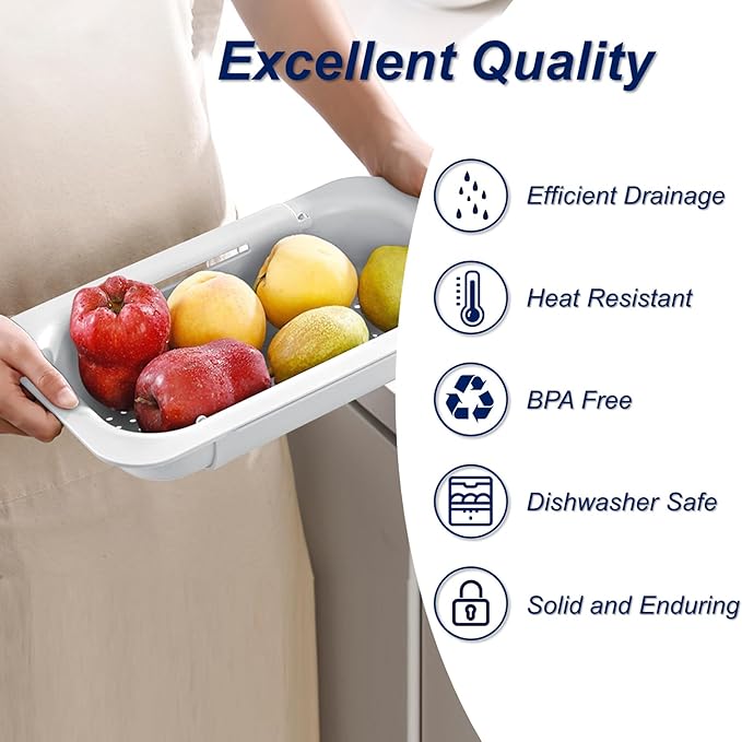 Extendable Sink Colander Strainer Basket - Wash Vegetables and Fruits, Drain Cooked Pasta and Dry Dishes - Adjustable Over the Sink Colander Collapsible Drainer Basket - White