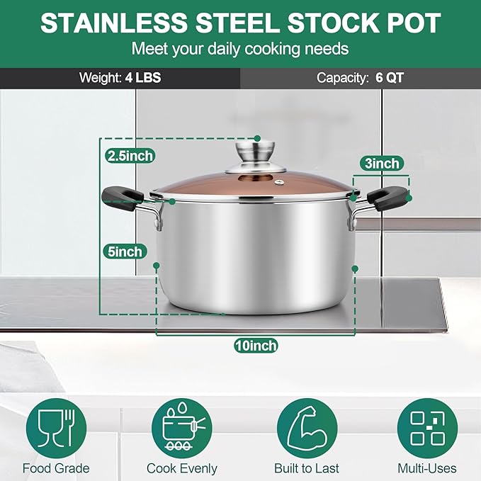 TeamFar Stock Pot 6 qt, Stainless Steel Stock Pasta Soup Pot with Lid, Double Bakelite Heat-Proof Handles & Tempered Glass Lid, Dishwasher Safe & Easy Cleanup, Non-Toxic & Healthy