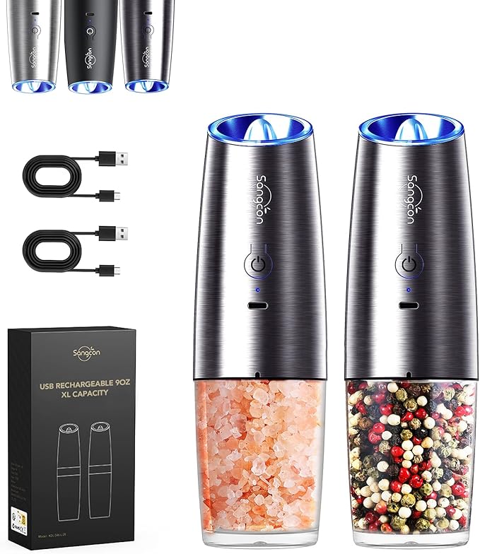 Sangcon Gravity Electric Salt and Pepper Grinder Set RECHARGEABLE Automatic Salt Pepper Shakers USB-C No Battery Needed - LED Light One Hand Operation, Adjustable Coarseness Pepper Mill Set