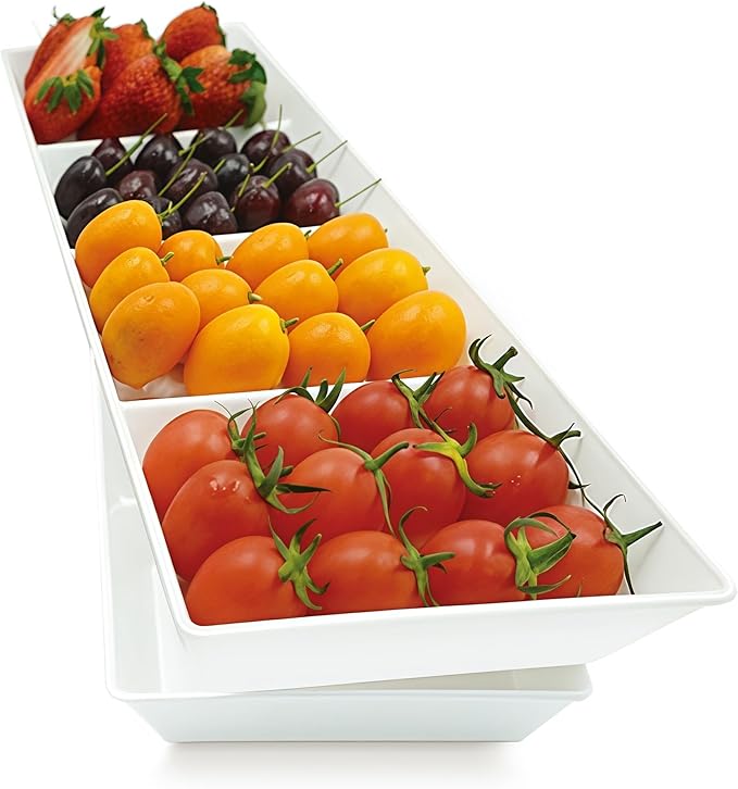 Divided Serving Tray Platter, 2 Pack 17.6" x 6" Fruit Veggie Food Tray for Party, Plastic Serving Trays for Appetizer, Snack, Dessert, Cookie, Brunch Decorations Platters, White Trays BPA-Free