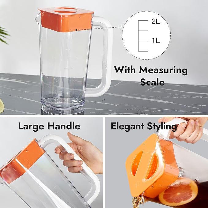 CURTA 1 Pack 2 Liters/68 oz Plastic Square Pitcher with Lid & Handle for Kitchen,ICED JUICE and Coffee Carafe Beverage Serveware, Acrylic Water Jug for Hot/Cold Drinks&lemonade