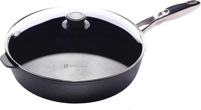 Swiss Diamond Nonstick Saute Pan with Lid, Diamond Coated Aluminum Deep Saute Pan with Lid Features Stainless Steel Handle, Dishwasher & Oven Safe Up To 500 °F, 12.5 Inch, 5.8 Quart