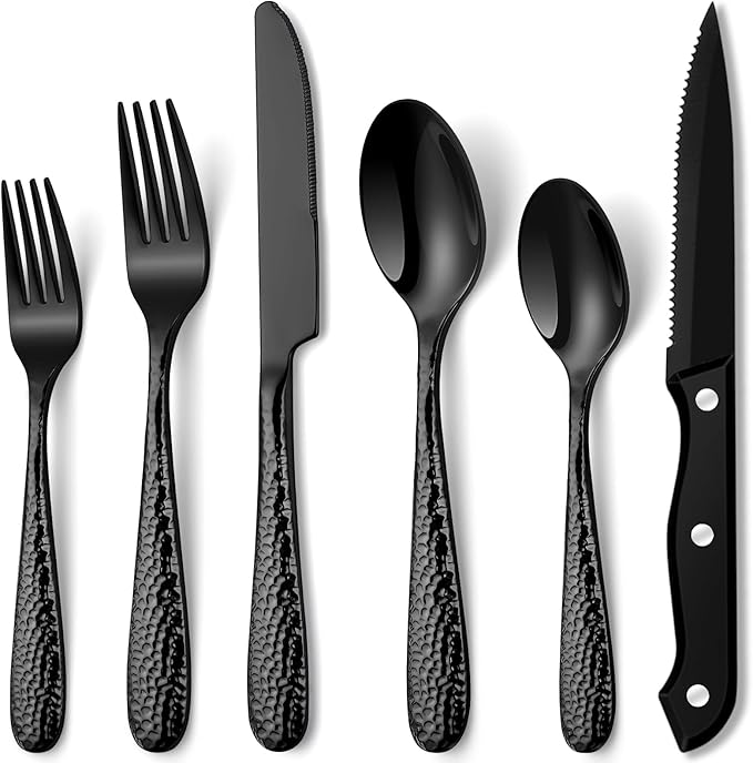 Hammered Black Silverware Set, EUIRIO 48 Pieces Flatware Set for 8, Heavy Duty Stainless Steel Cutlery, Food-Grade Utensil Sets Includes Spoons Forks and Knives, Mirror Finish Dishwasher Safe