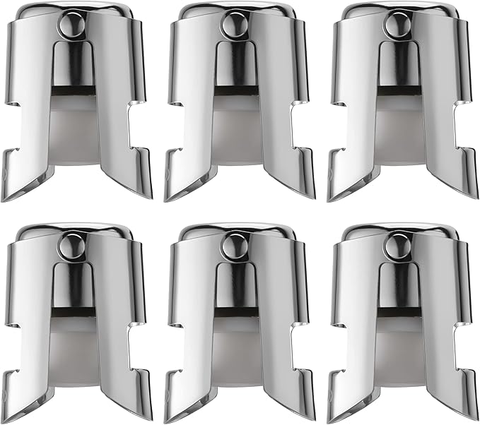 Champagne Stopper 6 Pack Stainless Steel Champagne Save with Food Grade Silicone，Leak-Proof Bubble Retaining Saver，Suitable for Champagne Prosecco Cava and Sparkling (Silver)