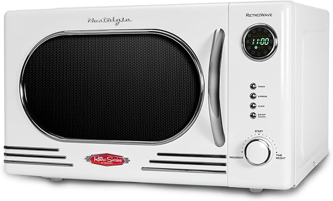 Nostalgia NRMO11WH6A 1000 Watt Power Retro Countertop Microwave Oven Easy to Clean with Removable Glass Turntable-Child Safety Lock-12 Programs-Digital Clock, 1.1 Cu. Ft, White