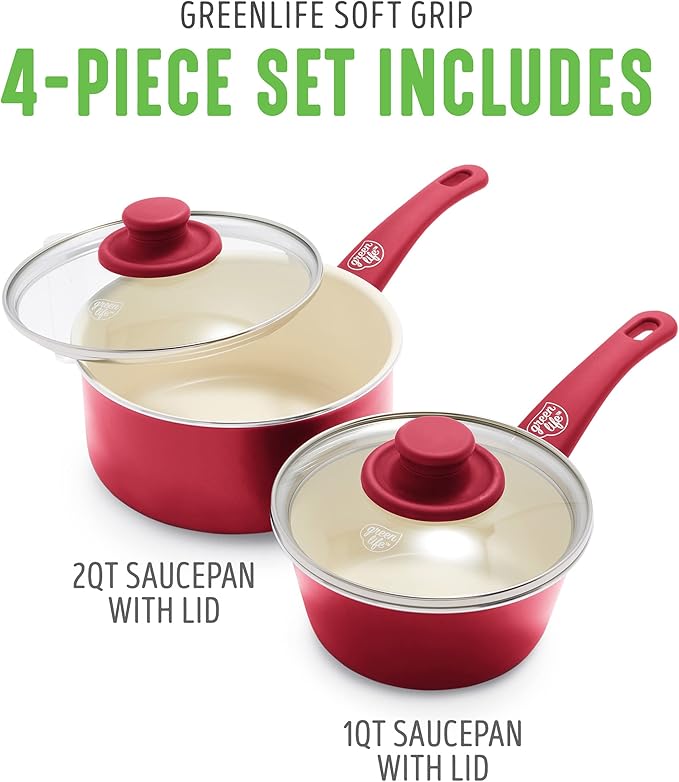 GreenLife Soft Grip 1QT and 2QT Saucepan Set, Healthy Ceramic Nonstick, Non Toxic PFAS & PFOA-Free, Dishwasher Safe, Glass Lids, Stay-Cool Handles, Easy Clean Cookware, Kitchen Essentials, Red
