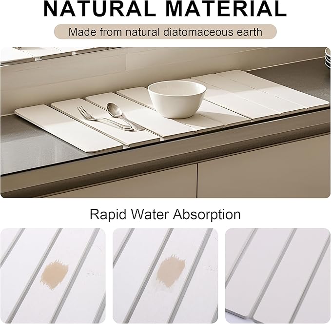 Stone Drying Mat for Kitchen Counter, Diatomaceous Earth Mats, Dish Drying Mat 24"×16", Foldable Water Absorbing Stone Dish Mat for Utensils, Pots and Bottles