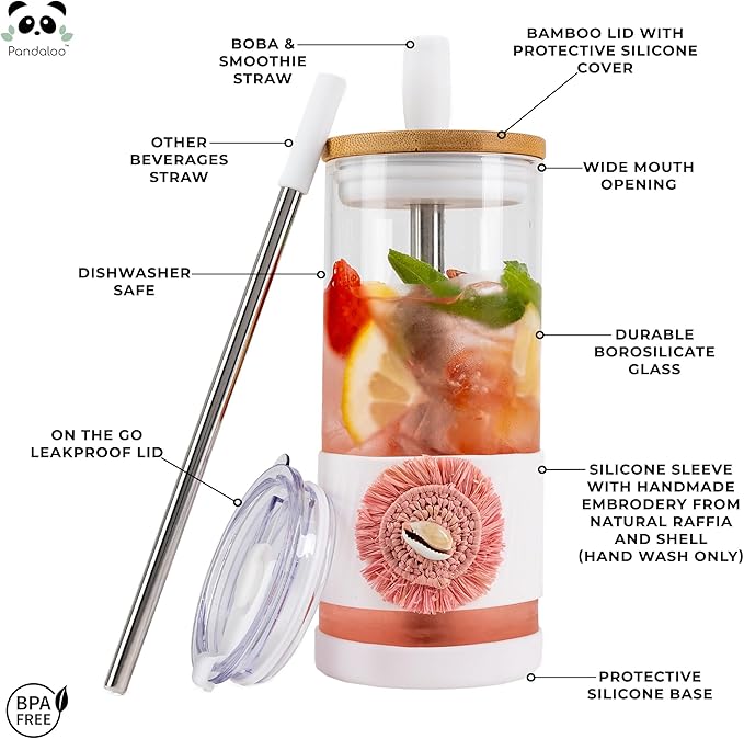 Pandaloo® Glass Cups With Lids and Straws -20 Fl Oz- Perfect Size Iced Coffee Cup - Smoothie Cup With Bamboo Lid and On the go Lid (Ethnic chic-Pink Powder, 1 Count (Pack of 1))